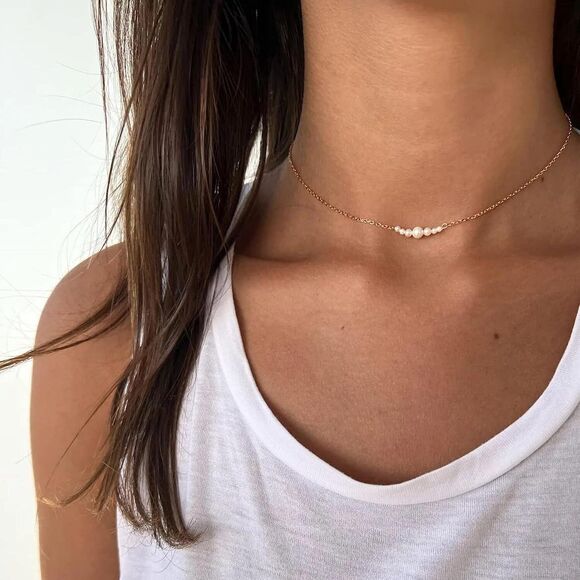 Dainty Pearl Necklace 14K Gold Plated Layered Pearl Pendant Wedding Pearl Gift - Picture 5 of 8